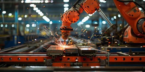 Leinwandbilder - An industrial robot welding parts on an assembly line, highlighting automation in modern manufacturing