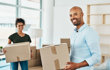 New home, couple and portrait of man with box for property investment, relocation and residence. Happy, people and woman with cardboard container for real estate, immigration and moving in marriage