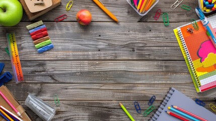 Poster - Stationery and school supplies on wooden desk with border representing education and back to school Top view of child s desk with empty space for text