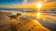 © DigitalArt Max - Golden Retriever Running On The Beach At Sunset With Footprints In The Sand