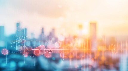 Abstract futuristic cityscape with hexagonal digital technology overlays during sunset, representing innovation and modern architecture.