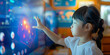 © sam - Asian child using colourful simplistic artificial intelligence on virtual screen with simple minimalist colourful UI for education - future education concept, virtual classroom