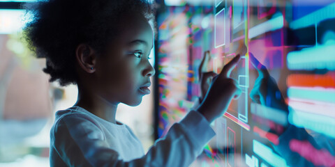 black child using colourful simplistic artificial intelligence on virtual screen with simple minimalist colourful UI for education - future education concept, virtual classroom