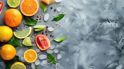 Wall Mural - Citrus fruits with leaves on gray surface Organic vegetarian winter fare Healthy detox idea with room for text