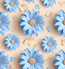 Wall Mural - 3d seamless pattern with blue daisy flowers, simple vector illustration of an abstract flower design on beige background, cottagecore style,