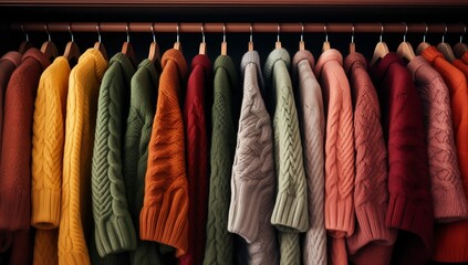 Sticker -  Assorted sweaters displayed on a closet rack.