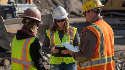 Woman and two construction workers with tablet on construction site wearing helmets and yellow or orange construction vests, AI Generative