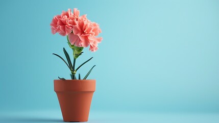 A vertical shot of a pink carnation flower in a small flower pot on blue background