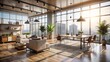 © DigitalArt Max - Natural light pours through floor-to-ceiling windows illuminating sleek minimalistic furniture and trendy decor in a modern office interior setting.