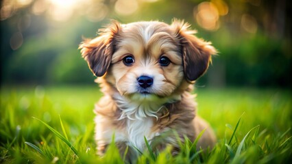 Adorable little puppy with fluffy fur and big brown eyes gazing directly at the camera, sitting alone on green grass.