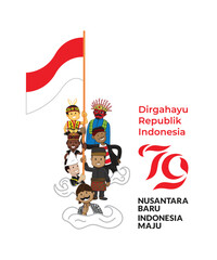 Cartoon illustration of Indonesian people wearing traditional clothes holding the Indonesian flag