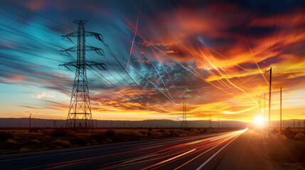 Wall Mural - Highway leads to horizon, lit by setting sun and passing cars. Power lines cross sky, casting shadows on landscape