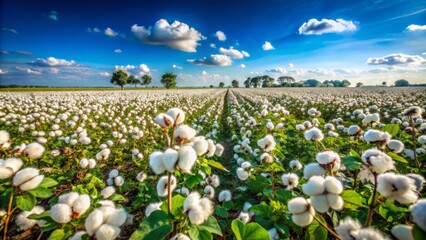 Sticker - Lush green field under clear blue sky abundant with mature cotton plants bearing snowy white bolls, epitomizing eco-friendly farming practices.