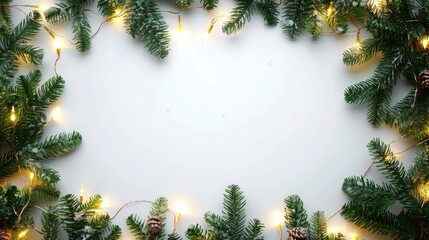 Christmas tree garland and lights border with blank sign white copy space holiday background