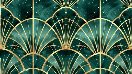 Wall Mural - Art Deco pattern with gold lines on emerald green background