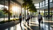© Samiul - Blurred background of people walking in a modern office building with green trees and sunlight , eco friendly and ecological responsible business concept