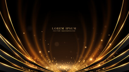 Wall Mural - black luxury background decoration with golden line curve, glowing light beam, and shiny dot effect