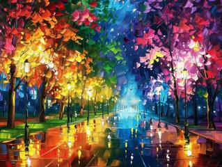 Poster - A street lined with trees is illuminated by streetlights, casting reflections on the wet pavement after a rain shower