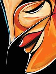 Wall Mural - A close-up abstract painting of a woman's face, featuring closed eyes and prominent red lips. The painting is in bold colors on a black background