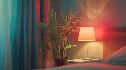 Wall Mural - Lamp and plant on nightstand next to bed