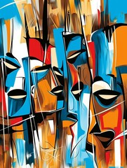 Wall Mural - An abstract painting with four faces in blue, red, and brown hues