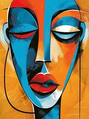 Wall Mural - A close-up of an abstract painting depicting a woman's face, with bold strokes of blue, orange, and red