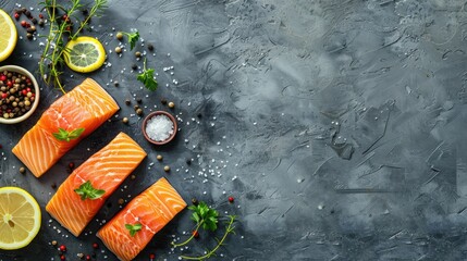 Canvas Print - Fresh salmon with herbs and spices on textured background for diet and cooking concept top view with copy space