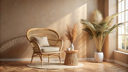 Wall Mural - Empty beige wall mockup in bohemian room interior with wicker armchair vase natural daylight from window promotion background
