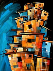 Wall Mural - An abstract painting depicts a multi-story building with a blue background, representing an urban setting