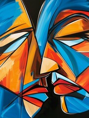 Wall Mural - A modern abstract painting depicting two faces with prominent features rendered in blue, orange, and red hues