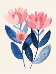 Poster - Three pink flowers with blue leaves illustrated in a watercolor style