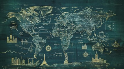 Poster - A chalkboard-style world map, with chalk marks and notes indicating major cities and points of interest