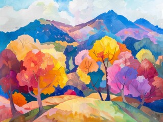 Wall Mural - A painting of vibrant autumn trees with yellow, red, and purple leaves, set against a backdrop of blue mountains and a cloudy sky