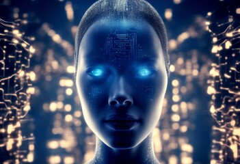 concept technology domination blue face intelligence data background illustration learning machine cyber dark artificial mind 3d form women big abstract futuristic future ai wireframe tech