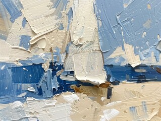 Wall Mural - A close-up view of an abstract oil painting depicting a coastal landscape, with shades of blue and white paint representing the sea and sky