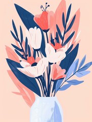 Poster - A simple, colorful painting of a bouquet of pink, white, and red flowers in a blue vase. The flowers are stylized and the background is a solid peach color