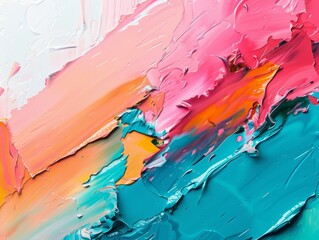 Wall Mural - Close-up of abstract art, featuring swaths of pink, orange, turquoise, and white paint