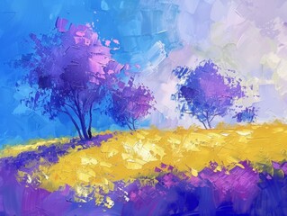 Poster - A vibrant abstract landscape painting featuring two purple trees in a golden field with a blue sky and white clouds in the background