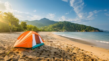 Poster - Camping on a Beach at Sunset.