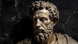 © Borys - A stoic bust of Marcus Aurelius, sculpted from weathered marble with cracks and veins that hint at the passage of time, bathed in dramatic chiaroscuro lighting that accentuates Generative AI