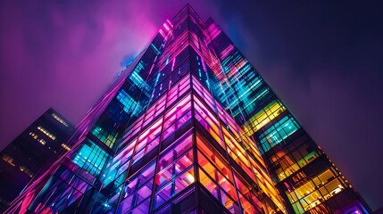 Wall Mural - Neon Lights Reflecting on Glass Facade of Modern Building