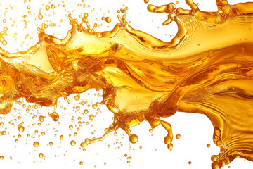 Oil splash isolated on white background, golden liquid oil wave splashing with energy and power, yellow or orange color abstract flowing oil for design element transparent