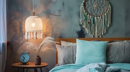 Wall Mural - White mint dream catcher alarm clock and table lamp in bedroom interior on gray background