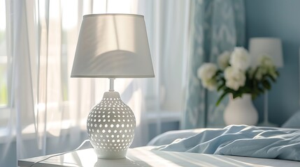 Wall Mural - white openwork metal table lamp stands on a bedside table bright interior