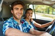 © senyumanmu - Caucasian young man driving a car with joyful woman on a long drive