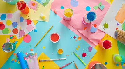 Poster - A colorful kids' craft table covered with art supplies, paper, and paint, creating a fun and creative space for children to explore.