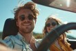 © senyumanmu - Caucasian young man driving a car with joyful woman on a long drive