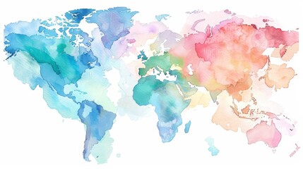 Wall Mural - A colorful watercolor world map, with each continent painted in a different pastel shade