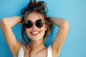 Wall Mural - Cheerful young woman in sunglasses against blue background