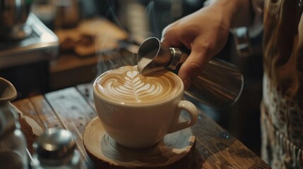 Barista crafting a latte with beautiful art in a cozy cafe